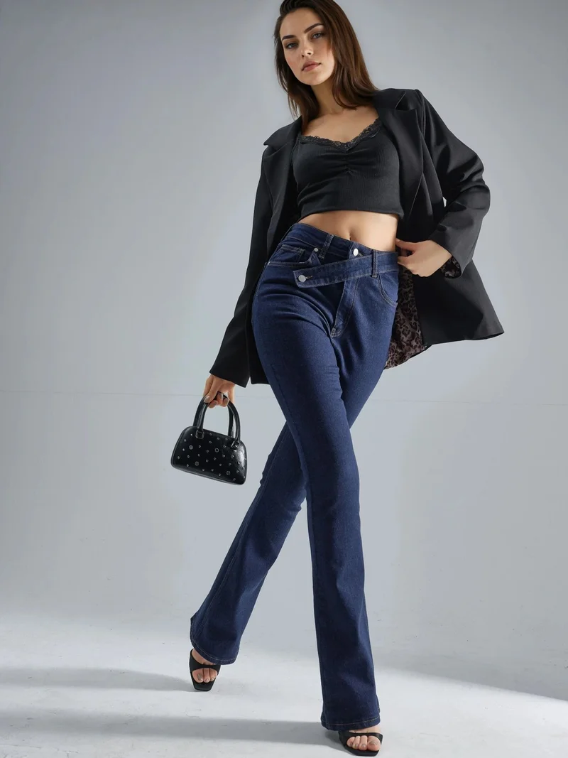 HICCUP Dark Blue Denim SQUALO Belt Detailed Flare Leg Denim Jeans for Women | Best Price UAE